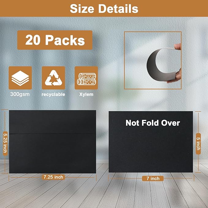 Silunkia Black Blank Note Cards and Envelopes 5 x 7 Heavyweight Flat Cardstock and A7 Envelopes Printable Self Seal 20 Packs for Birthday, Wedding Invitations, Thank You Cards, Baby Shower