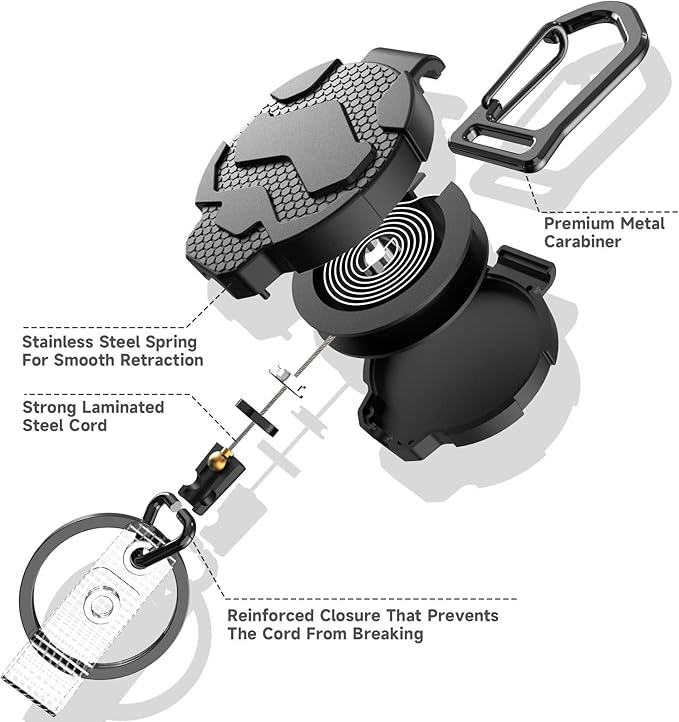 VYNCS Retractable Keychain Badge Holder with Belt Clip, Heavy Duty Carabiner ID Badge Clip Reel, 32” Steel Retractable Cord, 10 oz Rebound，2pcs Black Keychain