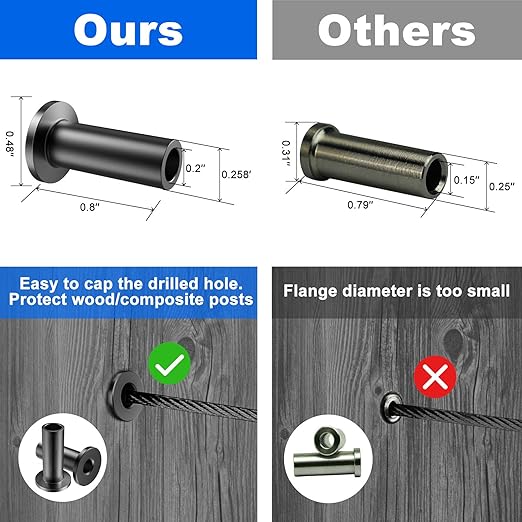 BLIKA 50 Pack Black Stainless Steel Protector Sleeves for 1/8" 5/32" or 3/16" Deck Cable Railing, for Wood/Composite Posts, T316 Marine Grade, Black Cable Railing Protector Sleeves
