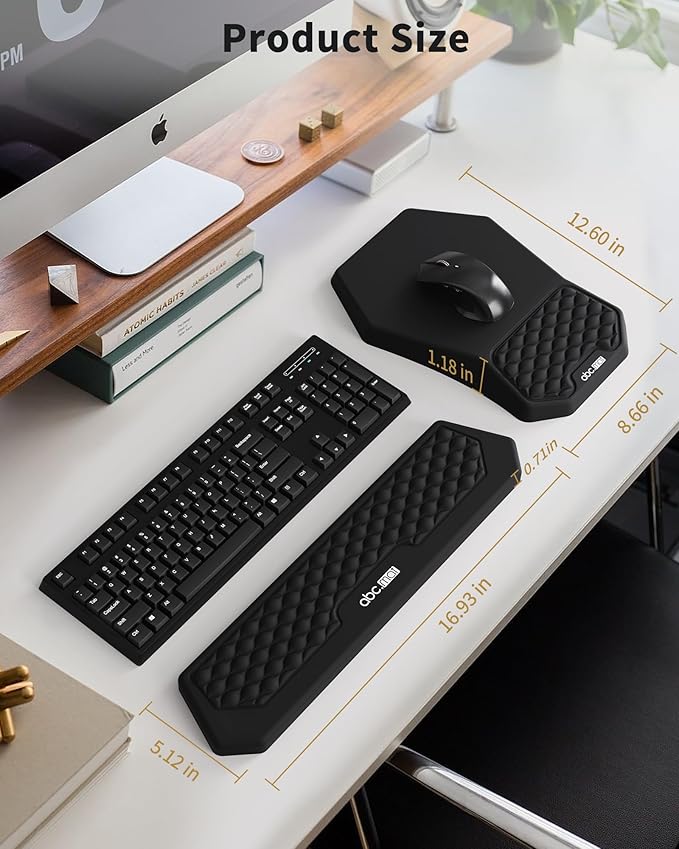 Ergonomic Mouse Pad and Keyboard Wrist Rest Support Set, Massage Design Mousepad for Carpal Tunnel Pain Relief, Memory Foam, Non-Slip PU Base for Computer Desk, Black