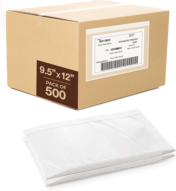 Shipping Label Sleeves - 3.12 Mil Thick 500 Pack 9.5'' x 12'' Strong Adhesive Back for Secure Package Labelling Fit for 8.5'' x 11'' Letter Size Paper, WaterProof and Durable