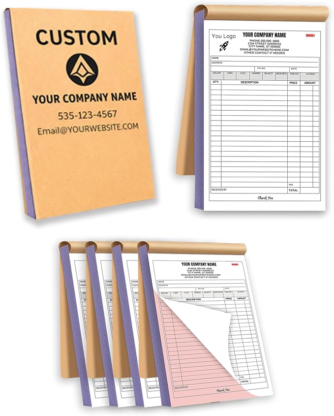 Custom Carbonless Invoice Book with Logo, Personalized Cover & Inner Pages, 2 Part NCR Receipt & Work Order Forms, Easy Tear, Writing Shield for Small Business (2-Part [White/Red], 11.8x8.3INCH)