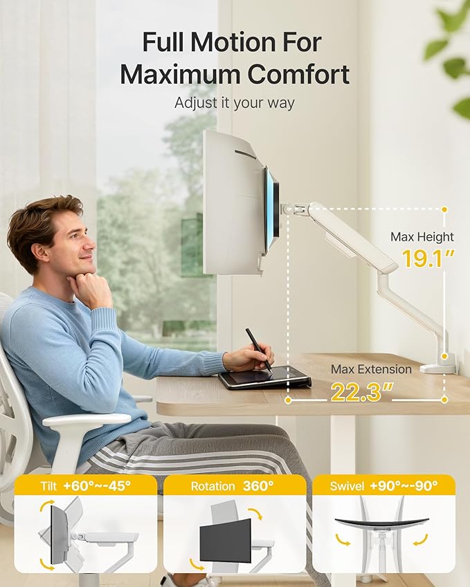 monTEK Single Monitor Arm, Mechanical Spring Monitor Arm for 17-40" Ultrawide Screens, Adjustable Monitors Desk Mount Holds up to 24.2 lbs with C Clamp/Grommet Desk Mount, VESA 75/100mm, MA1011WH