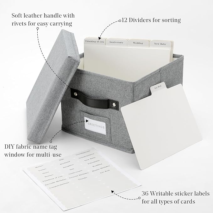 TARSUKA Greeting Card Organizer with dividers - Storage Box with lid Holds 150+ Cards - Assortment Box for Greeting Cards,Recipes, Photos, Envelopes, Keepsake - 9 x 9 x 7 Inches (Gray, 1 pcs)