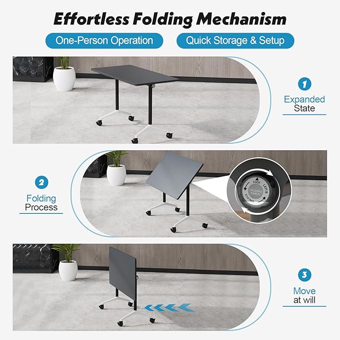 Goakwwuz Conference Room Table, Folding Conference Tables,Thicken Grey Tabletop,Flip Top Wooden Seminar Meeting Room Table for Conference Room Offices (4, Black, 70.8”)