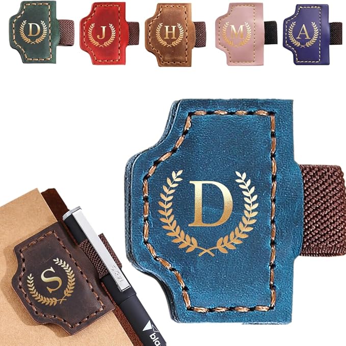 Personalized Mark Bookmark with Pen Holder, Leather Magnetic Book Marker 26 Letters,Custom Initials Page Marks, Gifts for Book Lovers Readers Men Women (Blue, D)