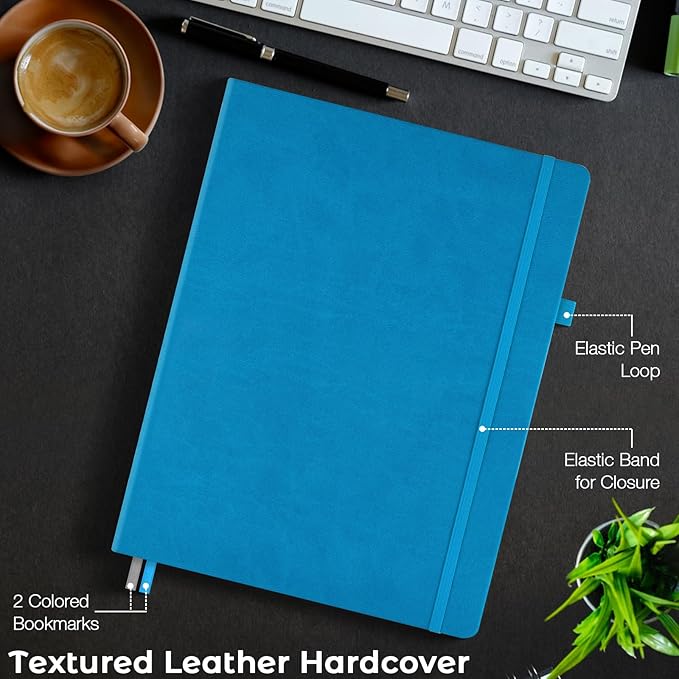Lined Journal Notebook, 8.5" x 11" Hardcover Leather Notebook for Work, Wide Ruled Notebook Journal for Women Men, 192 Thick Paper, Lay Flat, 2 Pockets, A4 Large Journals for Writing, Navy Notebook