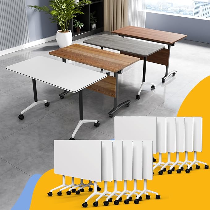 Conference Table Flip Top Mobile Conference Room Tables,Folding Conference Table with Wheels,Large Meeting Training Seminar Table Saving Space for Office Classroom (12, White, 70.8'')