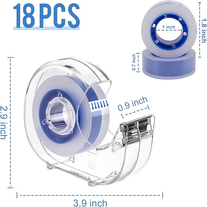 JEFURE 18 Pcs Transparent Tape with Dispenser, 0.7 x 1000 in Blue Core Clear Tape Rolls Bulk, Office Tape Refills for Desk, Craft, and Gift Wrapping
