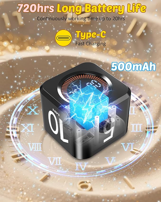 Digital Pomodoro Timer Cube 5/10/25/50min, Visual Productivity Flip Timer for Kids Classroom Desk, Custom Countdown, Silent and Sound Mode for ADHD Study Work Game Kitche(Black)
