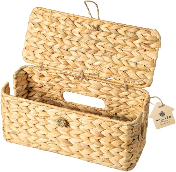 BINH YEN HOME Wicker Cable Management Box with Lid, A Handwoven Water Hyacinth Cords Hider Box for TV, Computer, Router, USB Hub to Hide Cords & Power Strip for Desk, Floor, Office 12.8x5.5x5.5