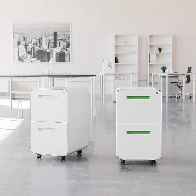 Laura Davidson Furniture Stockpile 2 Drawer Mobile File Cabinet with Lock - Under Desk Metal Filing Cabinet, Legal/Letter File Folders, Wheels and Stationary Feet, Pre-Assembled, White