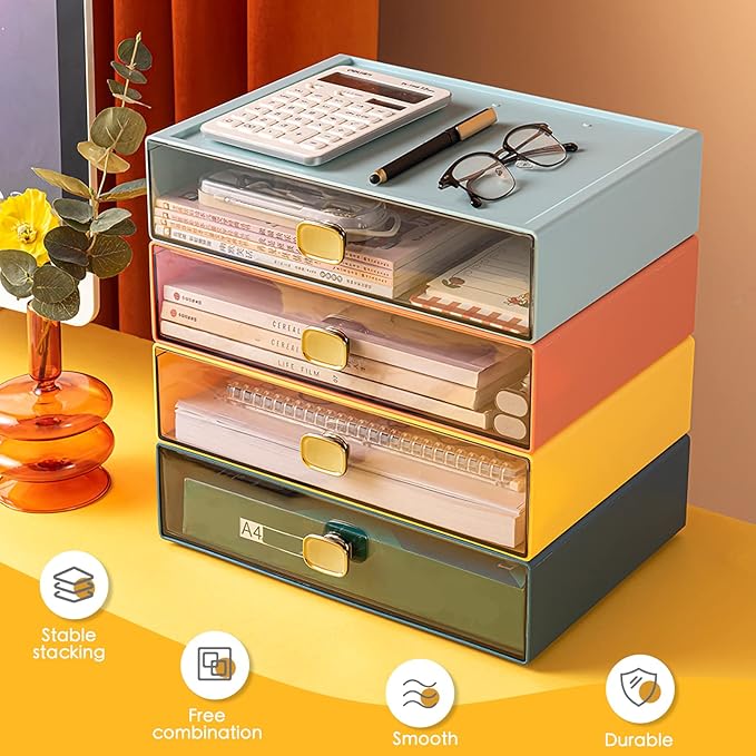 DETEIN 2PACK Stackable Desktop Organizer with Drawer 6.5"x9"x3" Desk Storage Drawer Office Plastic Organizer Clear Small Drawer for Pens, Stationery, Accessories, Make Up (Yellow, M - 1 Drawer)