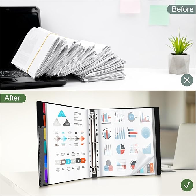 Uquelic 80-Pocket Binder with Plastic Sleeves for Letter/A4 Size(11" x 8.5"), Golden Rose Printed Cover, Document Binder Organizer for Papers, Certificates and Artwork with Rainbow PP Divider Pages