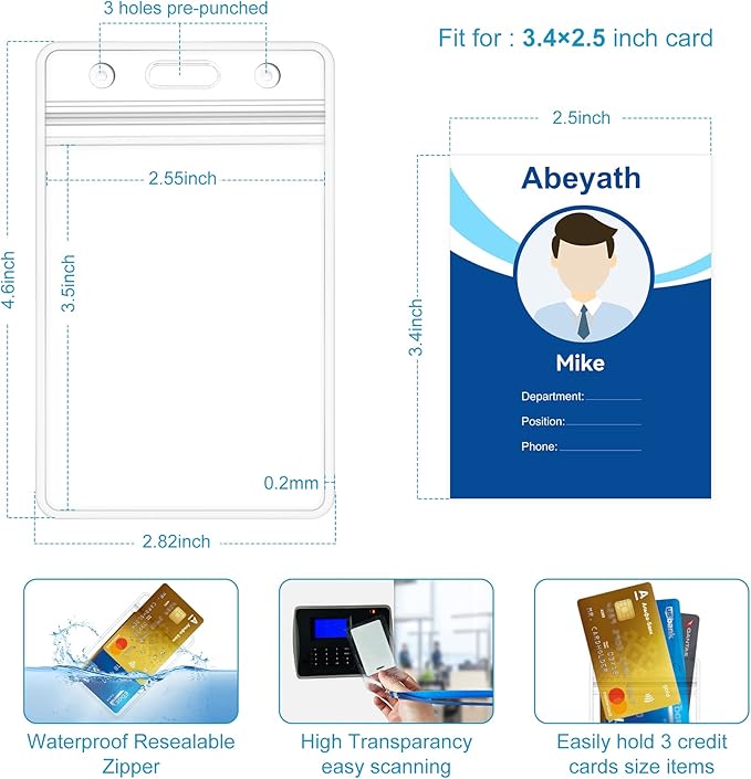 ABEYATH 50Pack Extra Thick ID Card Name Badge Holder Heavy Duty Waterproof Clear Plastic PVC Vertical Sleeve Pocket Resealable 4.6x3.82inch