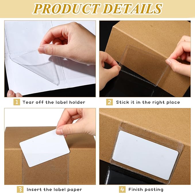Jeyiour 200 Pcs Label Holders Adhesive Nameplate Pockets Storage Bin Labels Index Card Holder Shelf Plastic Peel Stick for Classroom Supermarket Bookshelf Library Student Box Drawer (2.9 x 3.6 Inch)