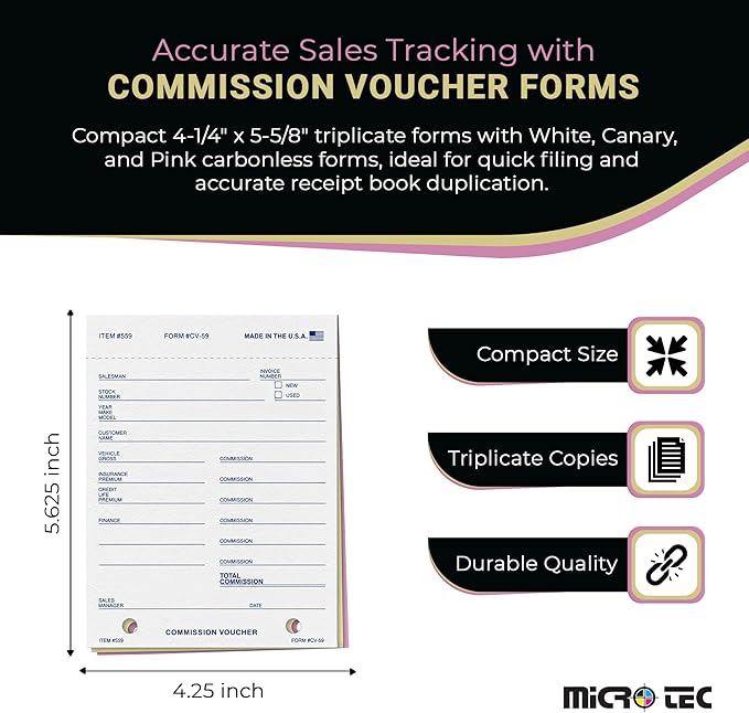 Commission Voucher Book CV-59-3 Part Carbonless Forms, Triplicate NCR Receipt Book, Snap-Out Pre-Punched with File Holes Commission Vouchers, Blue Ink, 4.25 x 5.625 Inch - Pack of 100