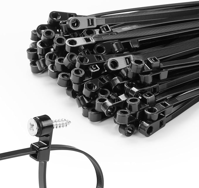 MasiStranth 200 PCS 14 inch Black Zip Ties with Screw Hole 70lbs Mountable head Cable Ties Straps Multipurpose Heavy Duty Nylon Cable Zip Ties with Screw Mounting Hole