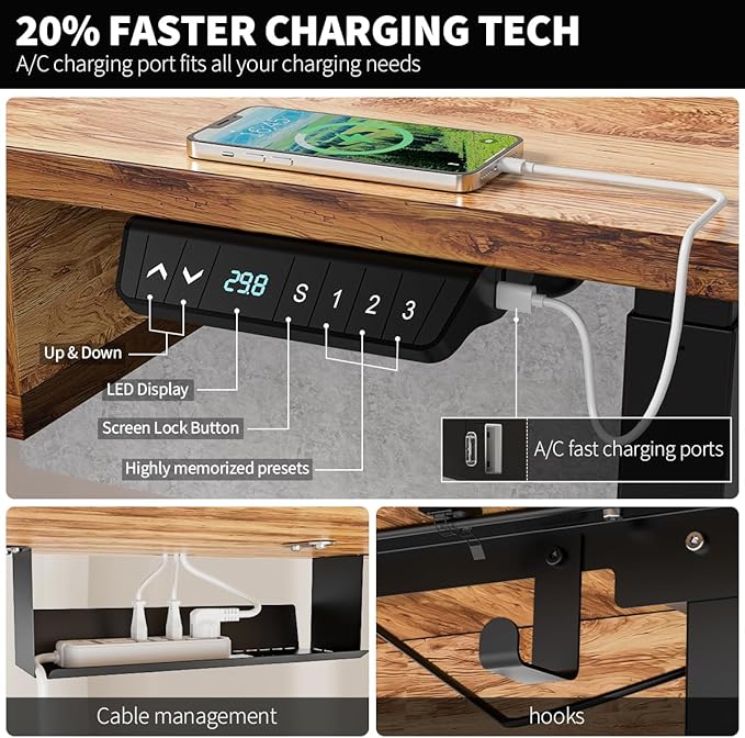 Kingant 55 x 30 Inch Electric Standing Desk with 4 Drawers, Adjustable Height Computer Desk for Home Office, Large Workstation Sit Stand Up Desk with Built-in USB A/C Ports, Light Rustic Brown
