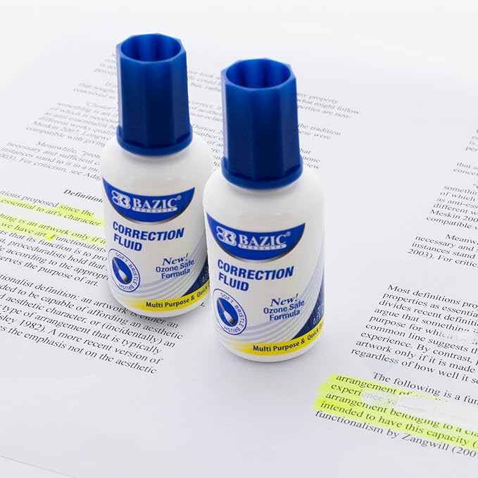 BAZIC Products Correction Fluid (0.7 oz / 20 ml), Soft Bristle Brush Applicator, Instant Corrections Pen White Out Wipe Out Liquid (2/Pack), 1-Pack