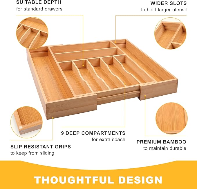 oridom Large Premium Bamboo Silverware Organizer - Expandable Drawer Organizer & Utensil Organizer - 17"x19.7" Cutlery Tray with Dividers for Kitchen Utensils and Flatware (7-9 Slots) (Natural)