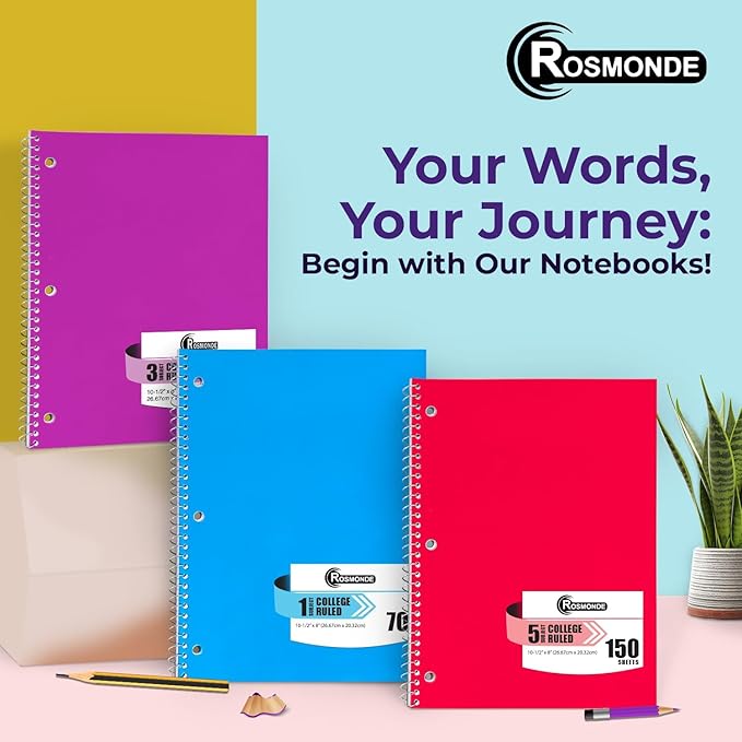 Rosmonde 50 Pack, 1 Subject Spiral Notebook College Ruled Bulk, 140 Pages (70 Sheets), Thick No-Bleed Paper, 8 x 10-1/2", 3 Hole Punched, College Ruled Notebook 1 Subject Bulk, Subject Notebook