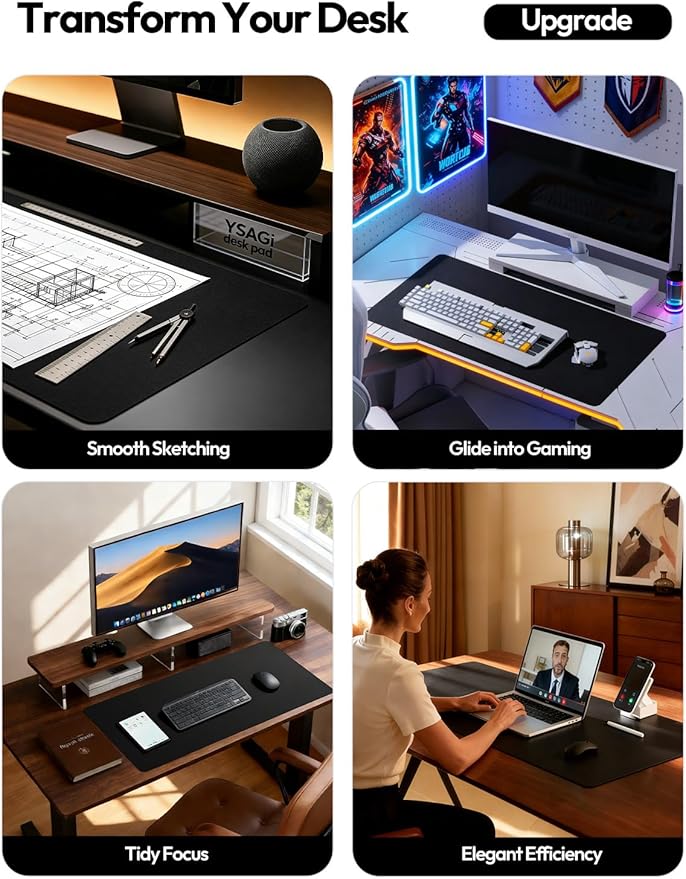 YSAGi Leather Desk Protector, Non-Slip Large Mouse Pad, Waterproof PU Laptop Mat Table Pad for Office and Home (90 x 43 cm, Black)