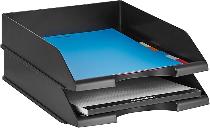 Amazon Basics Rectangular, Stackable Office Letter Organizer Desk Tray, Black, Pack of 12