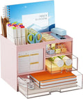 Marbrasse Desk Organizer with 3 Drawer, Multi-Functional Pencil Pen Holder for Desk, Desk Organizers and Accessories with 4 Compartments, Desktop Organizer Storage for Office Home Art Supplies (Pink)