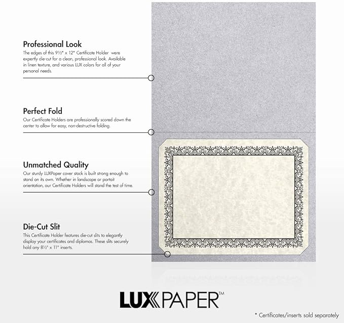 LUXPaper 9.5" x 12" Certificate Holders | Silver Metallic | 105lb. Cover | 50 Qty