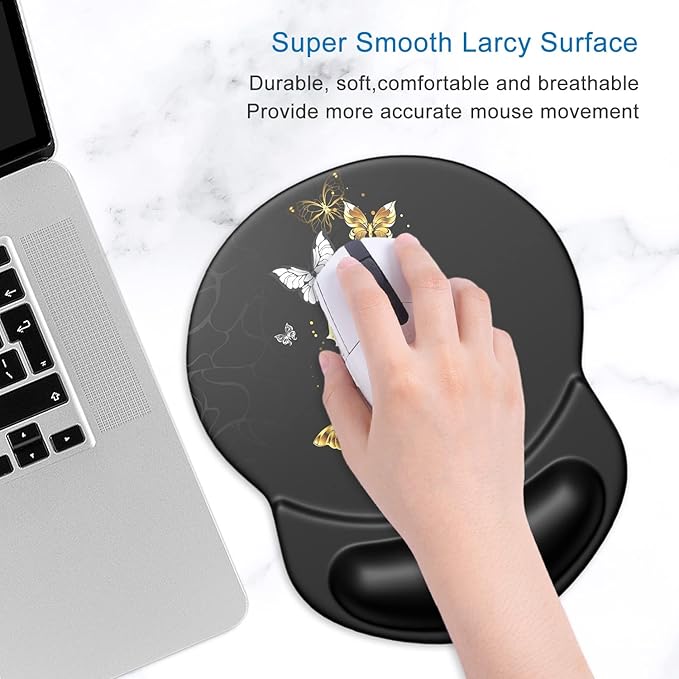 ITNRSIIET Ergonomic Mouse Pad with Gel Wrist Support Small Wrist Rest Smooth Surface Non-Slip PU Base Comfortable Office Supplies Pain Relief, 8.7 x 7.2 inches, Golden Butterfly