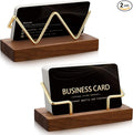 Amyhill 2 Pieces Wood Business Card Holder for Desk Wooden Business Card Display Stand Postcard Holder for Office Home Desktop (Wood Color, Gold)