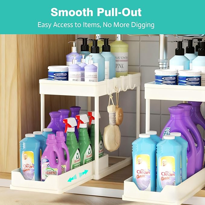 APWNRJA Under Sink Organizers and Storage 2 Pack, Pull-Out Sliding Cabinet Organizer with 2-Tier Storage Shelf & 4 Hooks, Multi-Purpose for Kitchen & Bathroom (13 Inch, White)