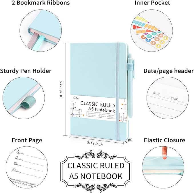 feela 5 Pack Notebooks Journals Bulk, Hardcover Notebook Classic Ruled Lined Journals with Pen Holder for Women Girls School Business Supplies, with 5 Black Pens, 120 GSM, 5.1”x8.3”, A5,Sky Blue