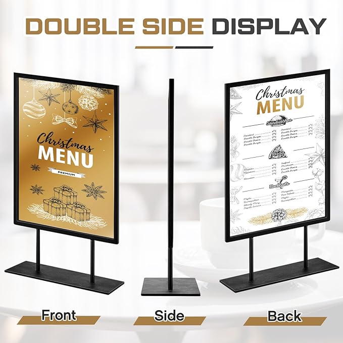 Zhengmy 1 Pcs Tabletop Sign Holder with Flat Base 11" x 8.5" Double Sided Countertop Sign Holder Vertical Desktop Display Stand Metal Poster Display Stand for Office Store Restaurant Hotels, Black