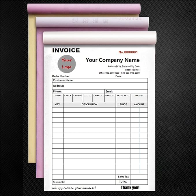 Custom Invoice Book in 3-Part /2-Part Receipt Book with Carbon Copies Personalized Carbonless Service Invoice Form Books Sales Order Book with Company Name Logo Address,A-Invoice Book with Logo