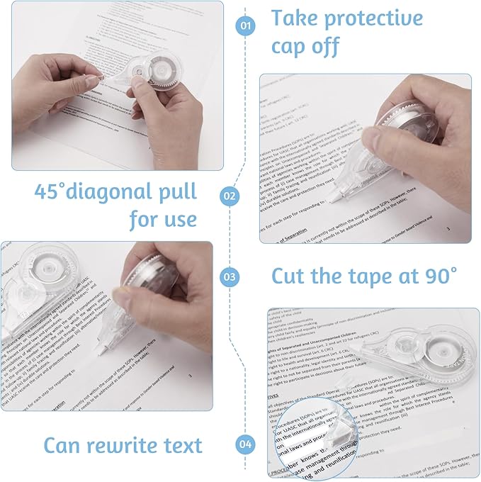 JEFURE 4 Pcs Correction Tape, 39.4 Ft White Wrong Out Tear-Resistant Bulk, Instant Corrections Easy To Use Applicator for School, Office, Note Taking, Journal (Tape Width 0.2 in, Clear)
