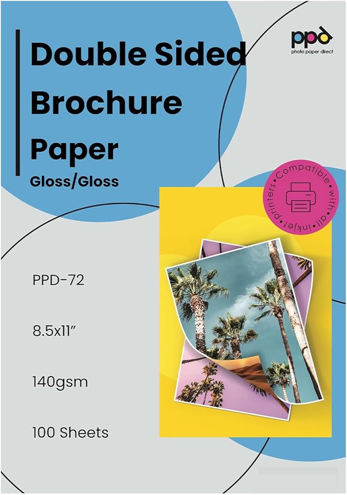 PPD 100 Sheets Inkjet Glossy Brochure and Flyer Paper 8.5x11 37lbs 140gsm Professional Quality Double Sided Instant Dry and Water-Resistant (PPD-72-100)