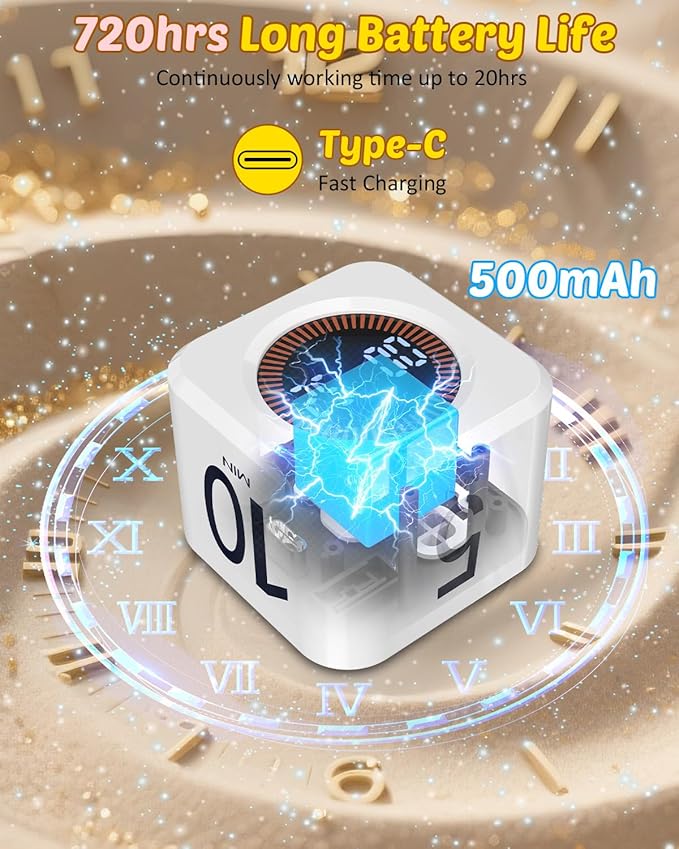Digital Pomodoro Timer Cube 5/10/25/50min, Visual Productivity Flip Timer for Kids Classroom Desk, Custom Countdown, Silent and Sound Mode for ADHD Study Work Game Kitchen (White)