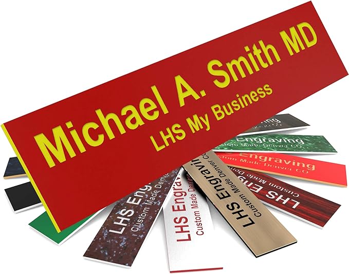 Door Name Plate Personalized for Office Red Plastic Name Plate with Yellow Letters - Made in USA 2x4 B22