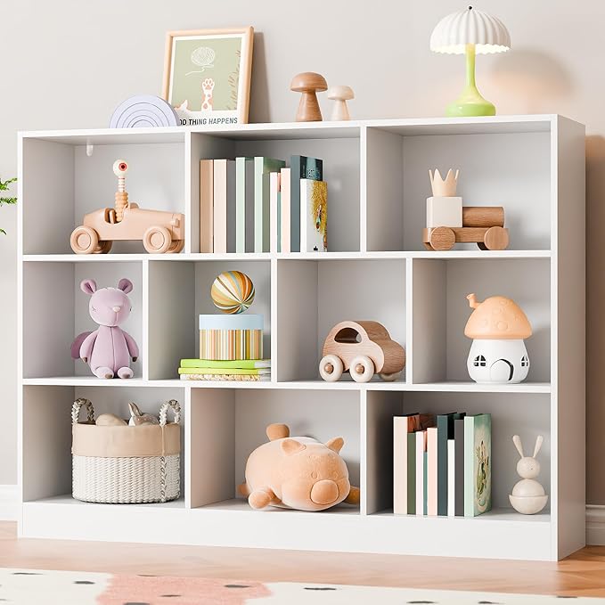 Cozy Castle White Bookshelf, 3-Tier Open Shelf Bookcase, 10 Cube Storage Organizer with Anti-Tilt Device for Bedroom, Living Room, 55.11" W x 11.61“D x 40.94“H