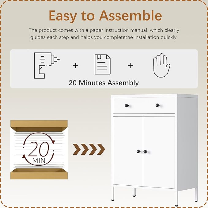 TaskStorz Metal Storage Cabinet with Drawer and Adjustable Shelf, White Steel Sideboard Buffet Cabinet, 35.4" H Coffee Bar Cabinet for Kitchen, Dining Room, Entryway