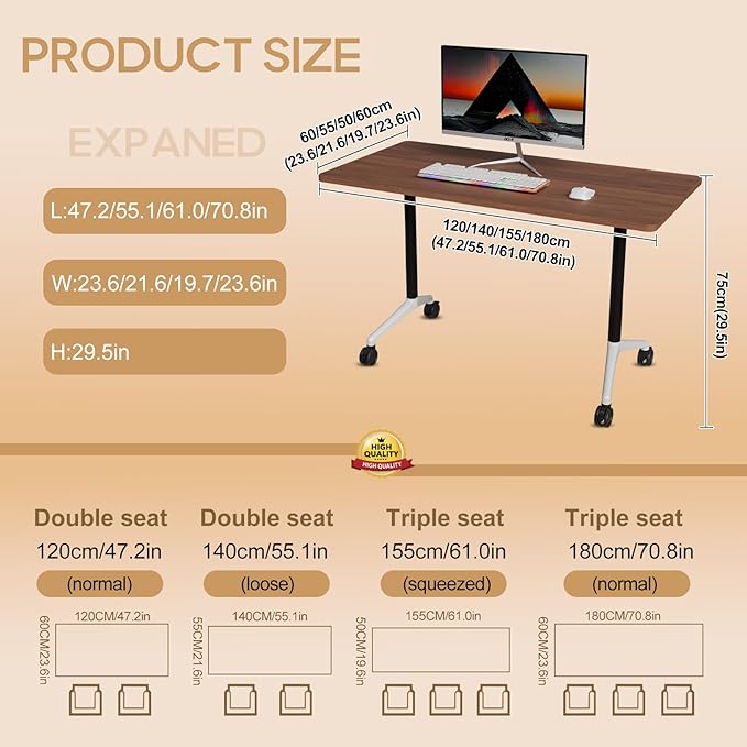 Folding Conference Table 4ft 5ft, Foldable Office Meeting Desk for 6 People, Multiple Sizes Colors Mobile Conference Room Table for Training Room School Business Furniture (2, Walnut, 71in)