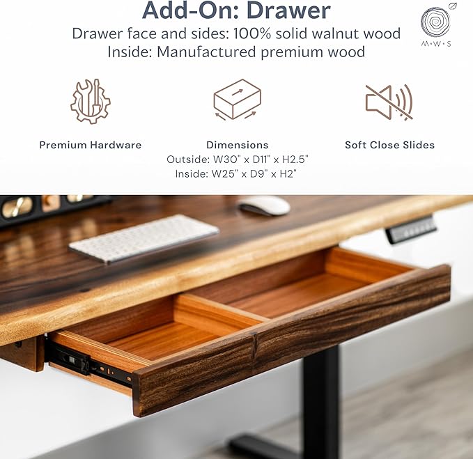 Standing Desk with Drawer – Walnut Solid Wood Desk, Natural Live Edge, Adjustable Height Dual Motor, Sit Stand for Home Office (White, W48 x D27)