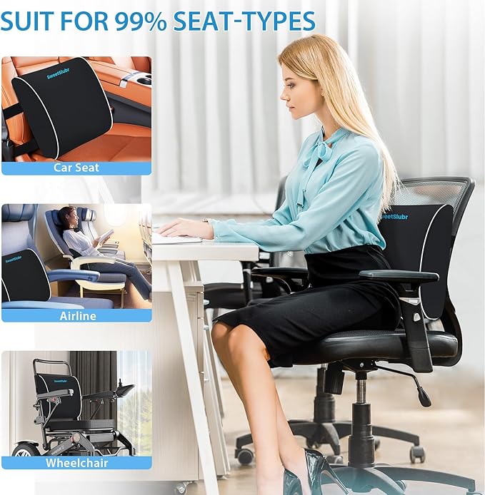 SweetSlubr Large Lumbar Support Pillow for Office Chair, Car Seats and Home Desks, Ergonomic Back Support with Double Adjustable Straps, Machine Washable Cover, Black