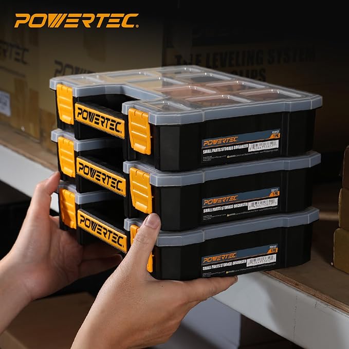 POWERTEC Small Parts Organizer & Tool Box – 10 Compartments, Stackable Storage with Removable Dividers, Clear Lid, Portable Design (72117)