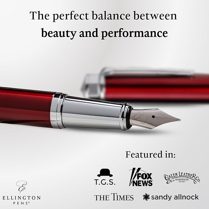 Ellington Pens Luxury Fountain Pen Set - Smooth Medium Nib- Includes 3 Ink Cartridges, Refillable Ink Converter, Gift Box- Fountain Pens For Writing, Calligraphy, Journaling, Sketching (Scarlet Slate)