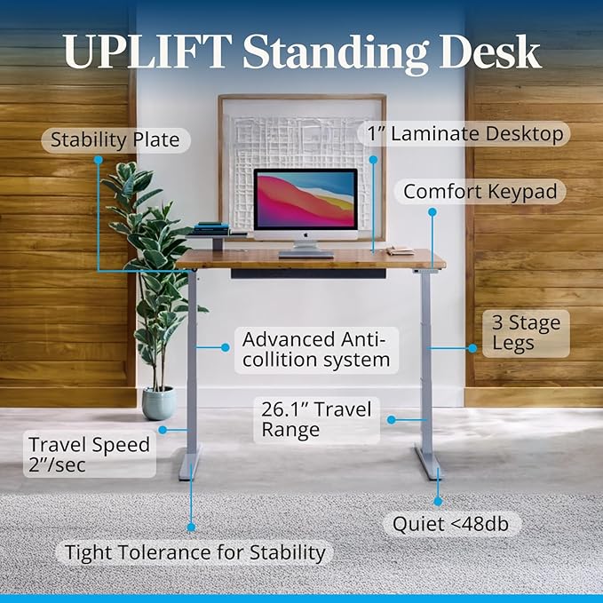 UPLIFTDESK V3 2-Leg Walnut Laminate Wood Standing Desk – Adjustable Height, Advanced 1-Touch Memory Keypad, Under Desk Cable Management, Wire Grommets & Rocker Board (Black C-Frame, 48 x 30 inch)