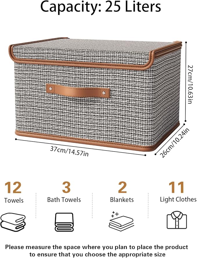 Tuza 2 Pack Storage Bins with Lids, Collapsible Closet Organizer Container, Fabric Organizer Box with Handles, Decorative Storage Boxes with Lids for Organizing Clothes, Blanket, Light Grey, Medium