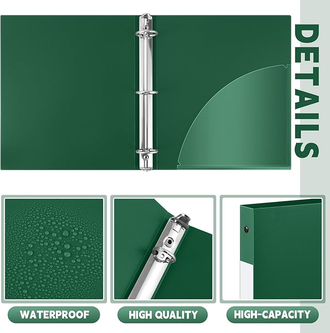 Henoyso 48 Pcs 3 Ring Binder 0.5 Inch Round Fits Letter Size 8.5'' x 11'' Paper Plastic Flexible Binder Bulk Holds 140 Sheets with 1 Pockets Versatile Organizer for Home Office School (Dark Green)